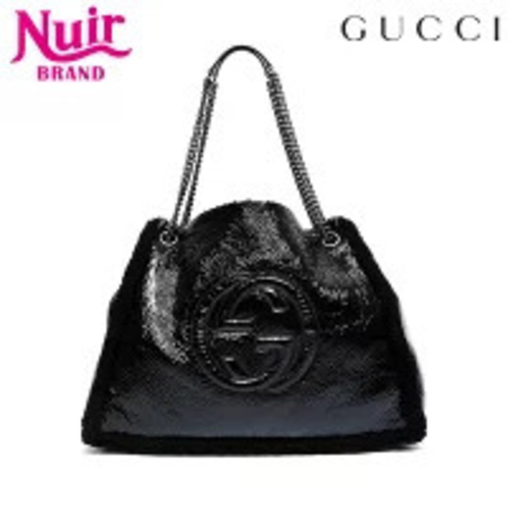 Gucci Patent Shearling Soho Chain Tote Shoulder Bag Black